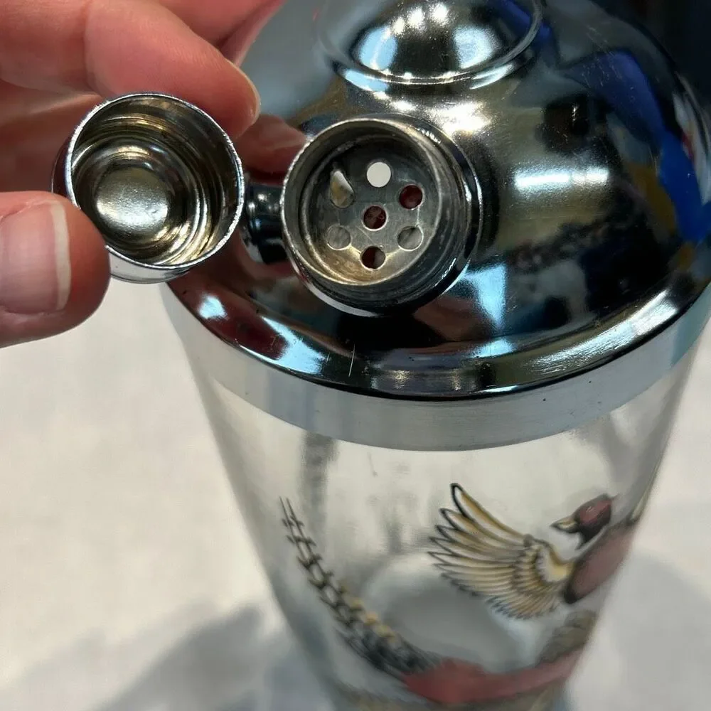 Vtg Hazel Atlas MCM Cocktail Shaker Pheasants Birds Glass 1950s Barware Metal Li